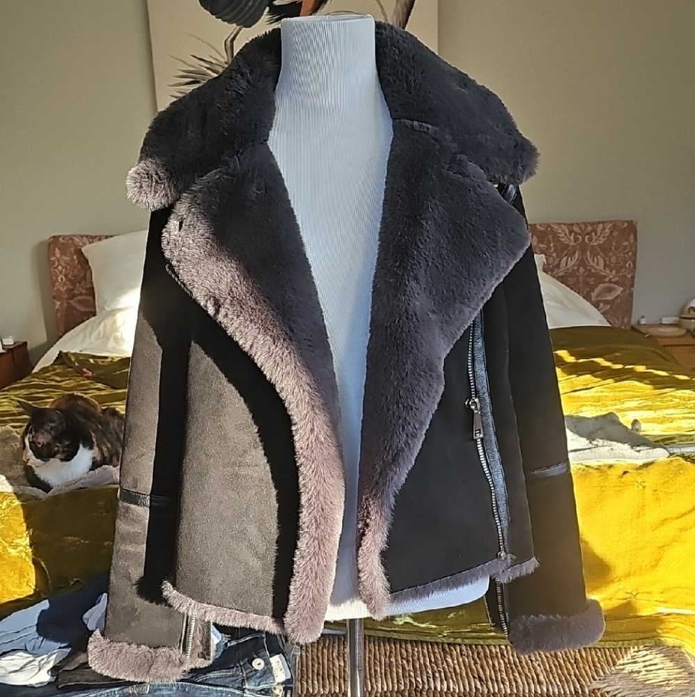 Zara Black and Gray Faux Fur Bomber Jacket